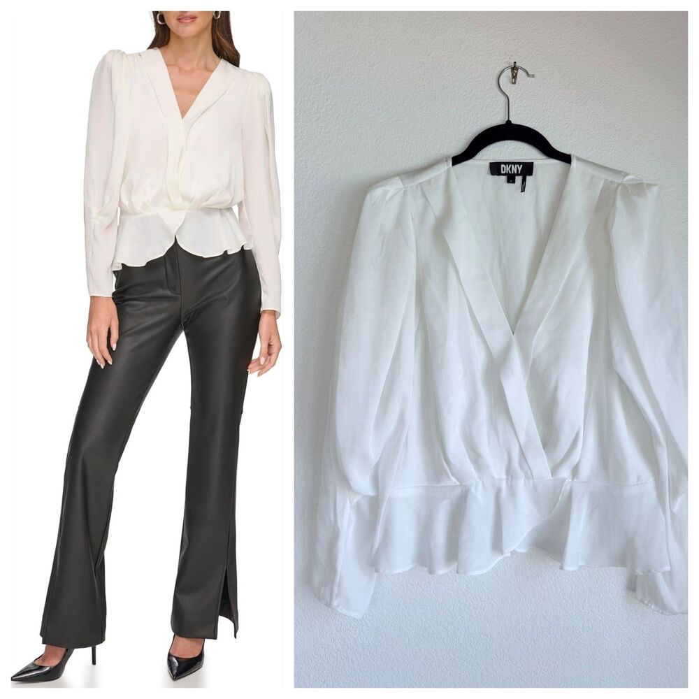 NWT DKNY Wrap Style Long Sleeve Peplum Blouse in Ivory Satin Size Medium